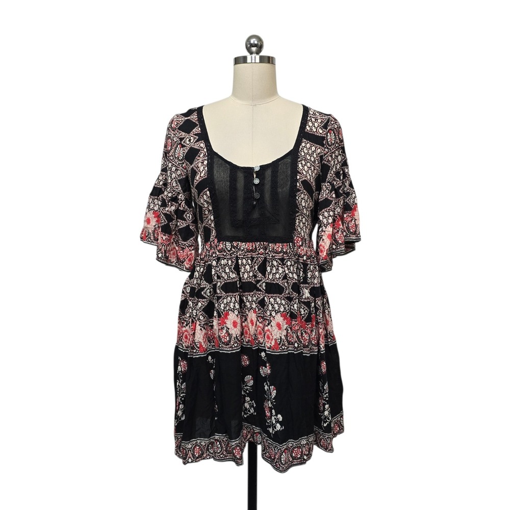 Free‎ People Womens Black Red Floral Geometric Boho Mini Dress Size Small